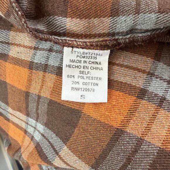 Entro Size S Flannel Snap-front Orange Brown Blue Plaid T21945 Studded Pockets - Picture 6 of 6